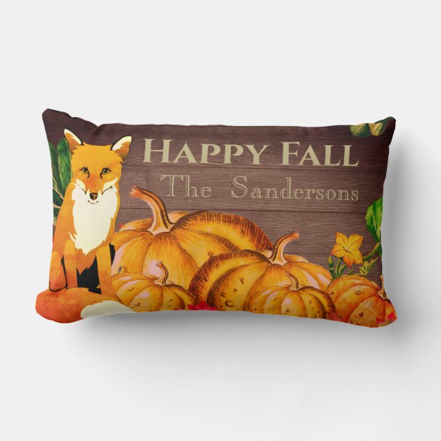 Rustic Orange Fox Pumpkin Fall Autumn Leaves Throw Lumbar Cushion (Front)