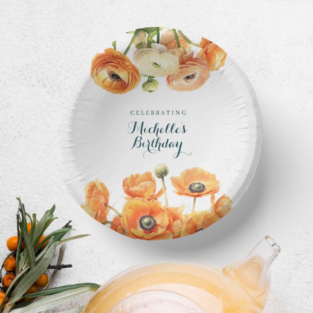 Rustic Orange Garden Floral Birthday Party White Paper Plate (Creator Uploaded)