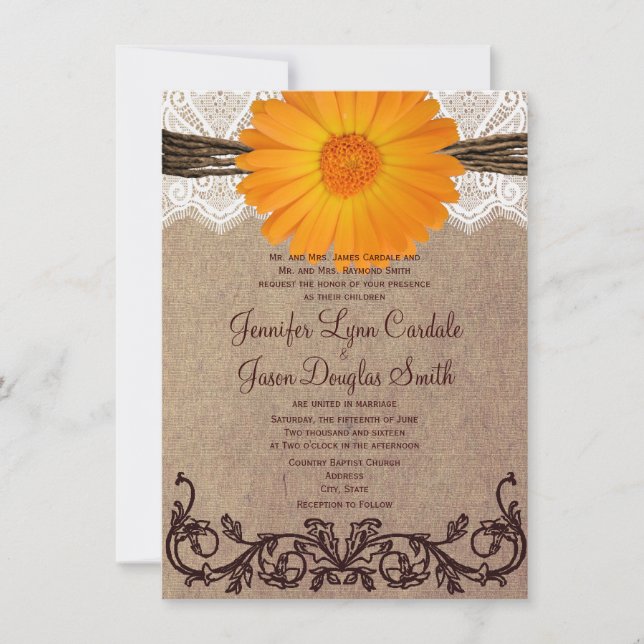 Rustic Orange Gerber Daisy Lace Wedding Invitation (Front)