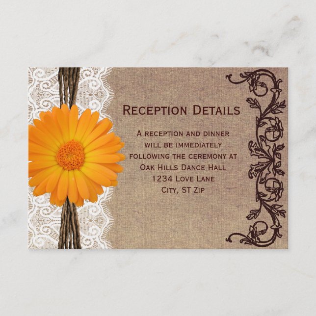 Rustic Orange Gerber Daisy Wedding Reception Cards (Front)