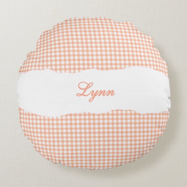 Rustic Orange Gingham Personalized Name Round Cushion (Front)