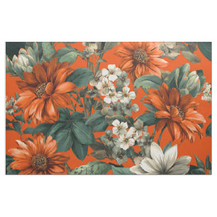 Rustic Orange Green Botanical Bold Vintage Floral Fabric