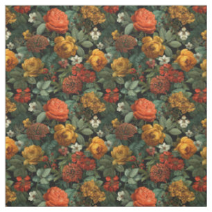 Rustic Orange Green Botanical Bold Vintage Floral Fabric