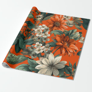 Rustic Orange Green Botanical Bold Vintage Floral Wrapping Paper