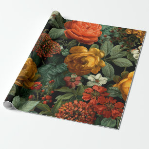 Rustic Orange Green Botanical Bold Vintage Floral Wrapping Paper