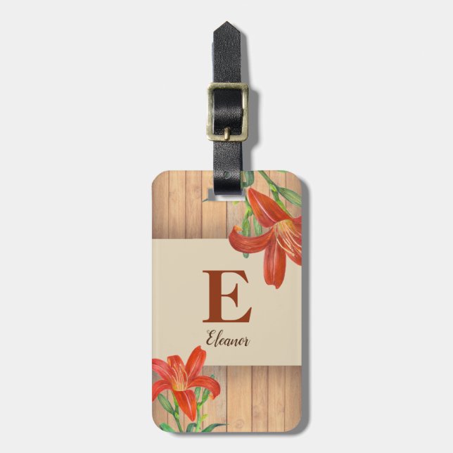 Rustic Orange Lily Botanical Illustration Luggage Tag (Front Vertical)