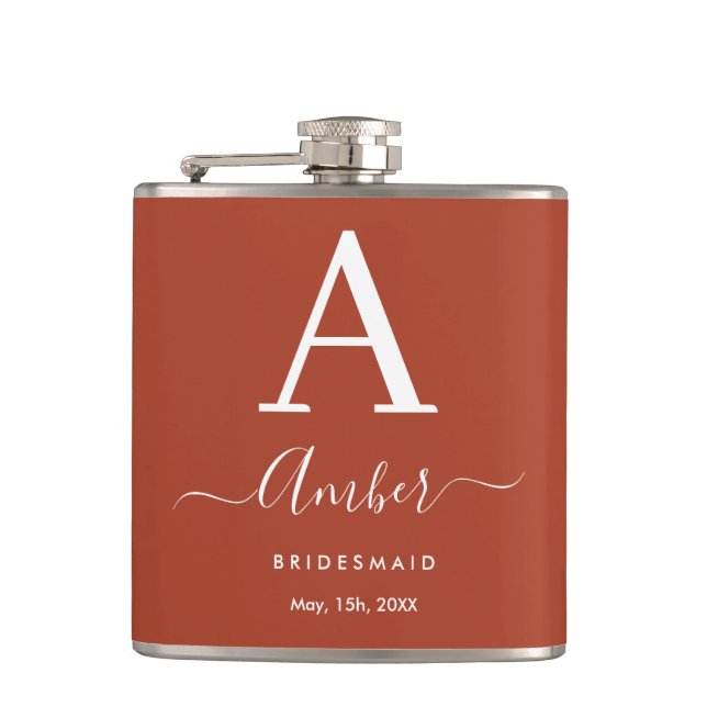 Rustic Orange Monogram Bridesmaid Hip Flask (Front)