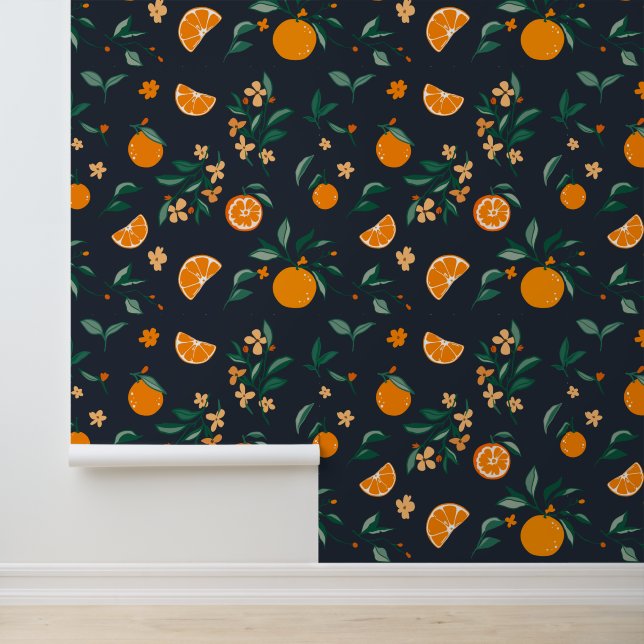 Rustic Orange Orchard Dark Navy Wallpaper (Application)