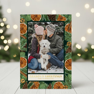 Rustic Orange Pine Customisable Photo Foil Holiday Card