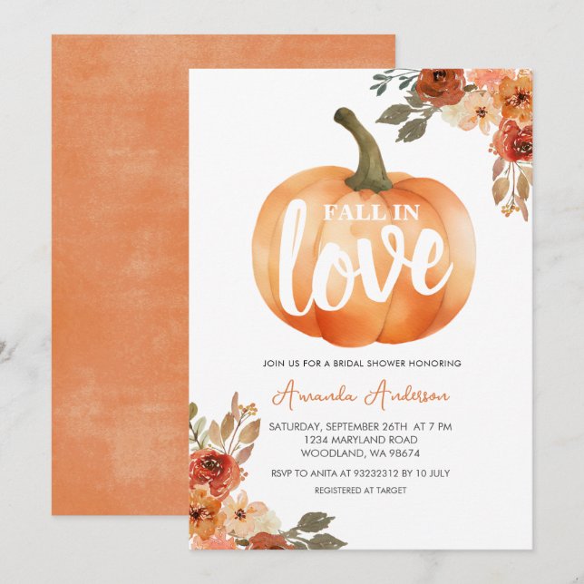 Rustic Orange Pumpkin Fall in Love Bridal Shower Invitation (Front/Back)