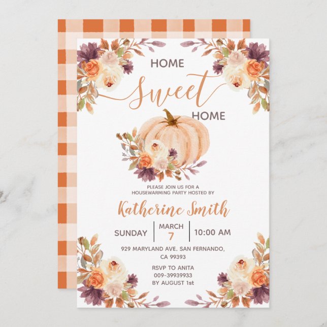 Rustic Orange Pumpkin Floral Housewarming Party Invitation (Front/Back)