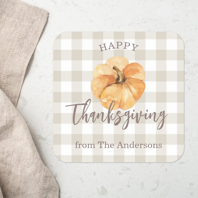 Rustic Orange Pumpkin Happy Thanksgiving Gift Square Sticker (Creator Uploaded)