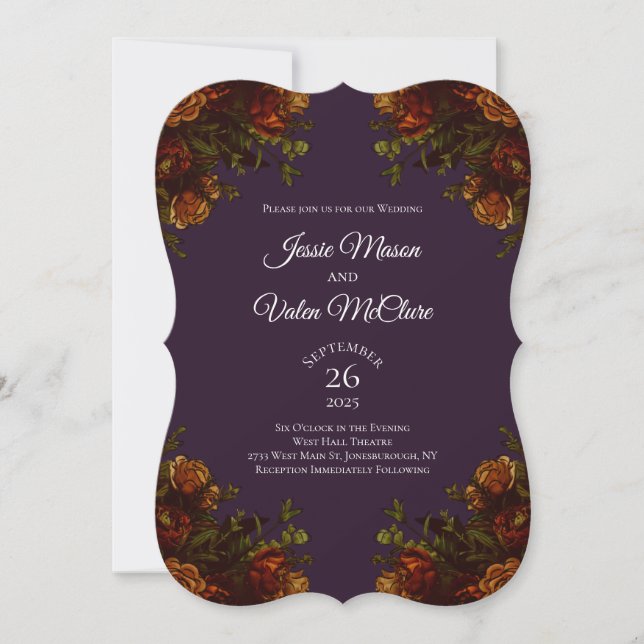 Rustic Orange Purple Fall Elegant Wedding Invitation (Front)