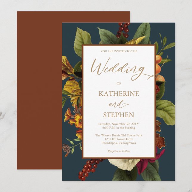 Rustic Orange | Red Floral Bouquet Teal Wedding Invitation (Front/Back)