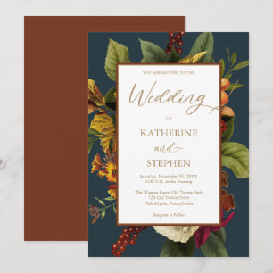 Rustic Orange   Red Floral Bouquet Teal Wedding Invitation