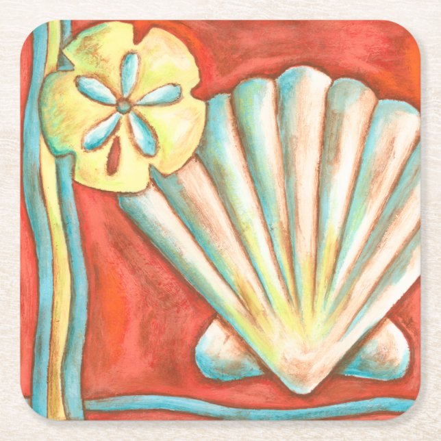 Rustic Orange Seashells Square Paper Coaster (Front)