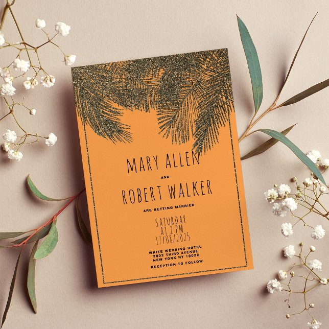 Rustic orange silver glitter tropical leaf wedding invitation (Rustic orange silver glitter tropical leaf wedding )