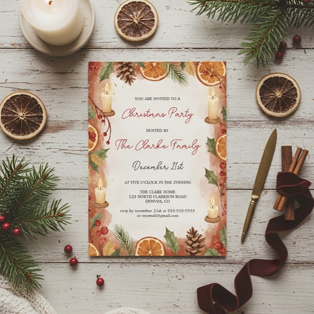 Rustic Orange Slice and Candle Christmas Party Invitation (Creator Uploaded)
