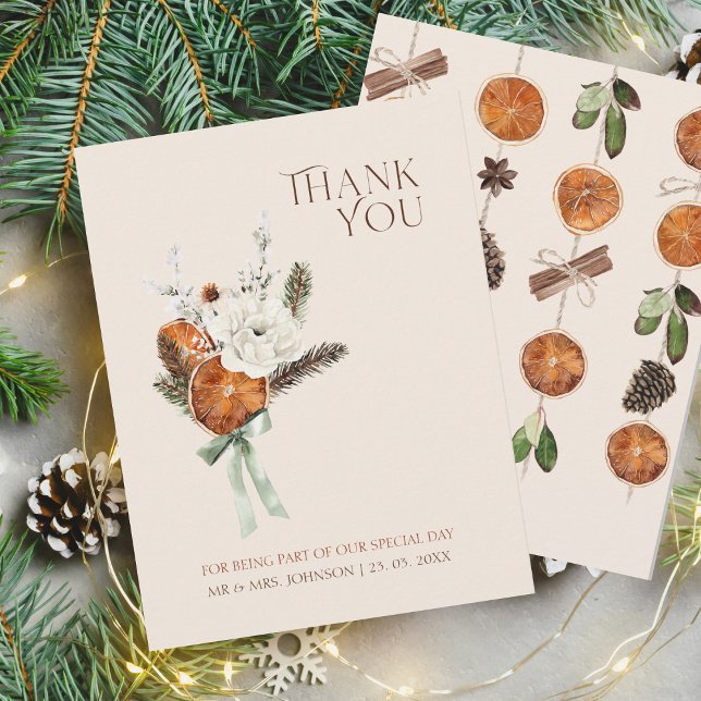 Rustic Orange Slices White Flowers Wedding Thank You Card (Winter Orange Slices Dried Citrus Cinnamon Wedding Thank You Card)