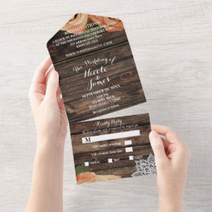 Rustic Orange Spice Fall Rose Vintage Lace Wedding All In One Invitation