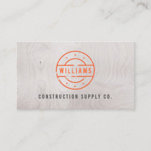 Rustic Orange Stamp on Grey Woodgrain Construction Business Card