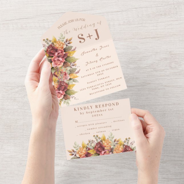 Rustic Orange Terracotta Fall Boho Wedding RSVP All In One Invitation (Tearaway)