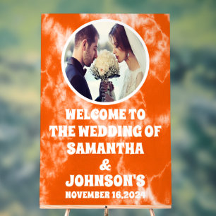 Rustic Orange Tie Dye Photo Wedding Welcome Acrylic Sign