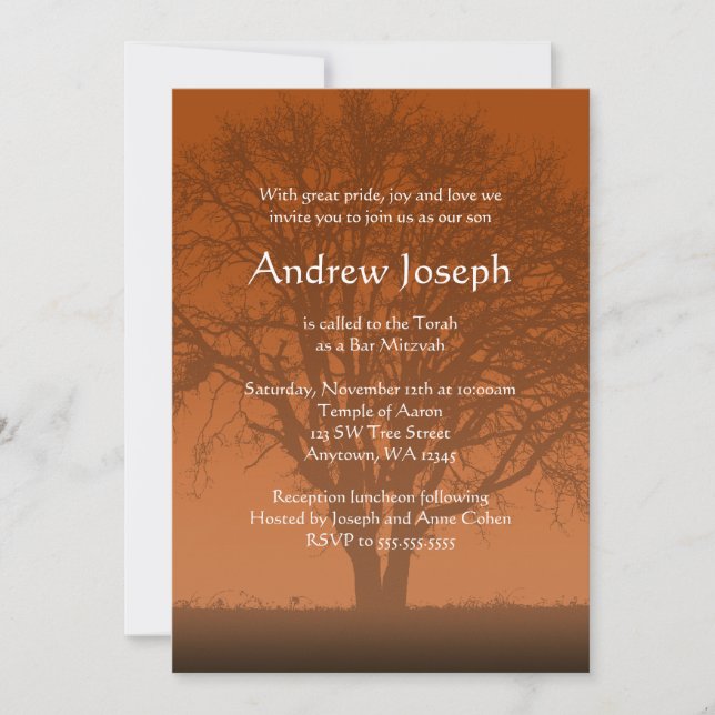 Rustic Orange Tree of Life Bar Mitzvah Invitations (Front)