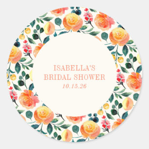 Rustic Orange Watercolor Botanical Bridal Shower  Classic Round Sticker