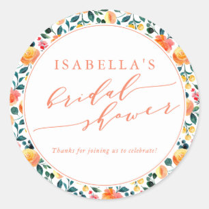 Rustic Orange Watercolor Floral Bridal Shower  Classic Round Sticker