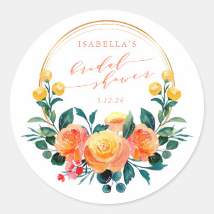 Rustic Orange Watercolor Floral Bridal Shower   Classic Round Sticker