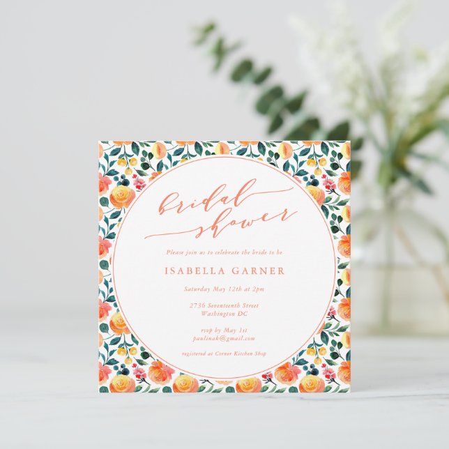 Rustic Orange Watercolor Floral Bridal Shower Invitation (Standing Front)