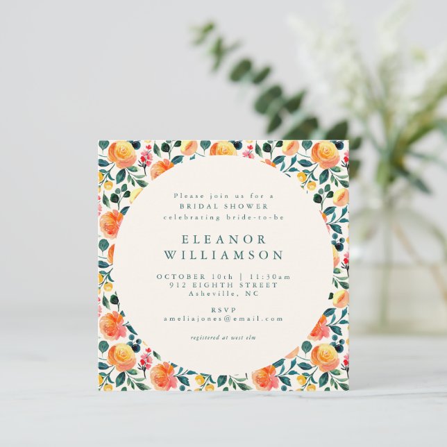 Rustic Orange Watercolor Floral Shower Square Invitation (Standing Front)