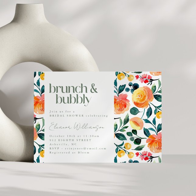 Rustic Orange Watercolor Flowers Brunch Bubbly Invitation (Creator Uploaded)