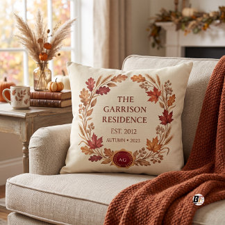 Rustic Orange Watercolor Leaf Wreath Cushion