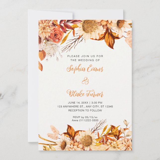 Rustic Orange White Flowers Boho Off White Wedding Invitation (Front)