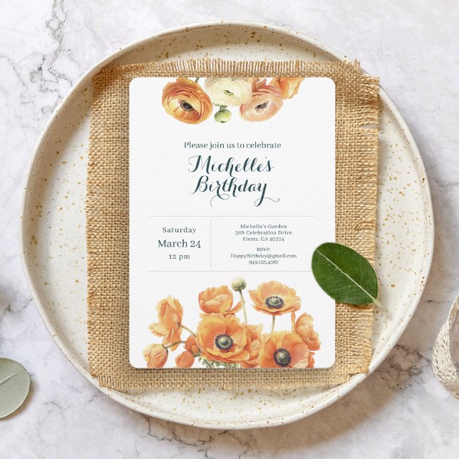 Rustic Orange White Garden Floral Birthday Party  Invitation (Creator Uploaded)