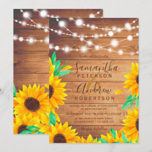 Rustic orange wood string lights sunflower wedding invitation