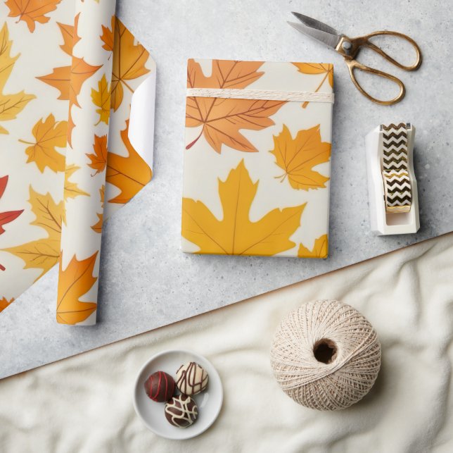 Rustic Orange Yellow Autumn Maple Leaves Pattern  Wrapping Paper (Crafts)