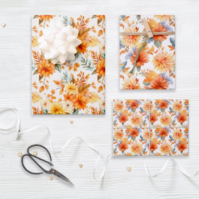 Rustic Orange & Yellow Floral Wrapping Paper Sheet (A set of coordinated burnt orange and gold floral gift wrap sheets that are great for any occasion.)