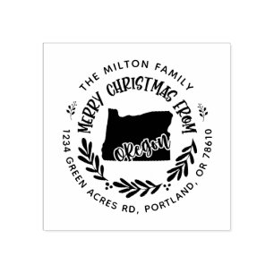 rustic oregon merry christmas return address rubber stamp