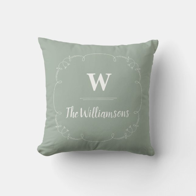 Rustic Ornate Line Drawing Frame Monogrammed Sage Cushion (Front)