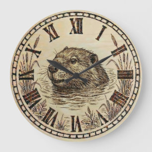 Rustic Otter Wall Clock - Wood Burned Style