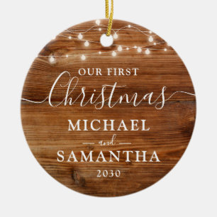 Rustic Our First Christmas Couple Personalised Ceramic Tree Decoration