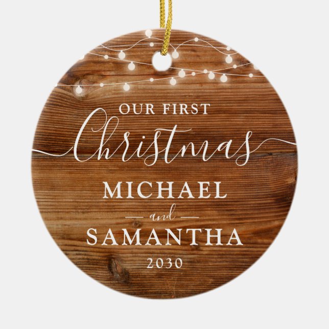 Rustic Our First Christmas Couple Personalised Ceramic Tree Decoration (Front)