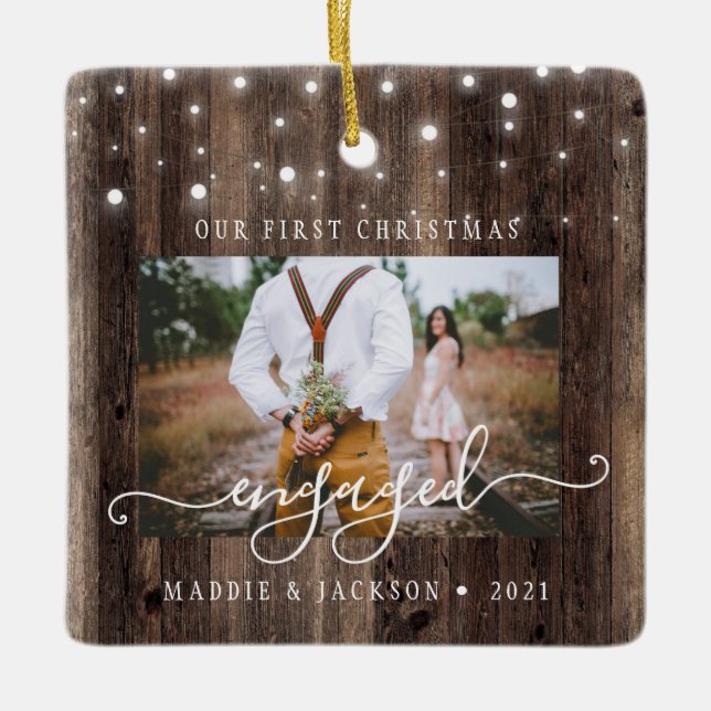 Rustic Our First Christmas Engaged 2 Photo  Ceramic Ornament (Front)