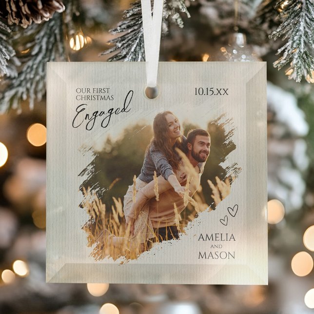 Rustic Our First Christmas Engaged Photo Christmas Glass Tree Decoration (Rustic Our First Christmas Engaged Photo Christmas Glass Ornament)