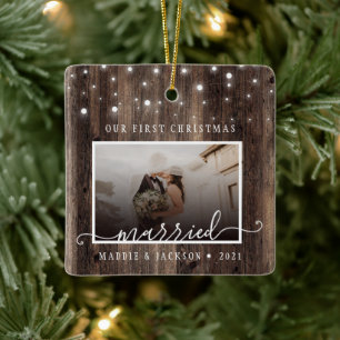 Rustic Our First Christmas Married 2 Photo Ceramic Ornament