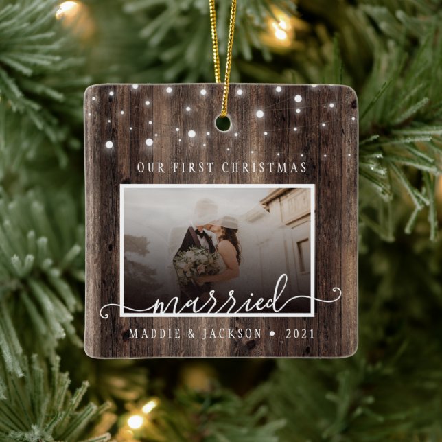 Rustic Our First Christmas Married 2 Photo Ceramic Ornament (Tree)