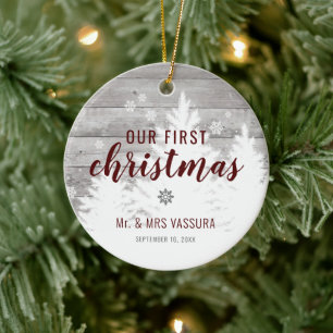 Rustic Our First Christmas Mr and Mrs Photo Ceramic Tree Decoration